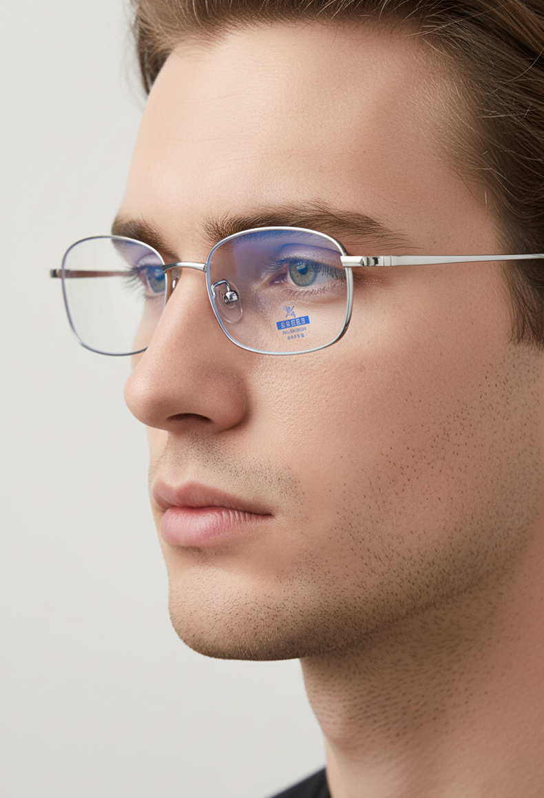 6205 Ultra-Lightweight Rectangular Silver Blue Light Blocking Glasses - Unisex Titanium Frame