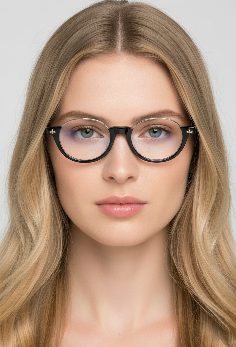 2254 Classic Half-Rim Round Acetate Frame Blue Light Blocking Glasses - Browline Style
